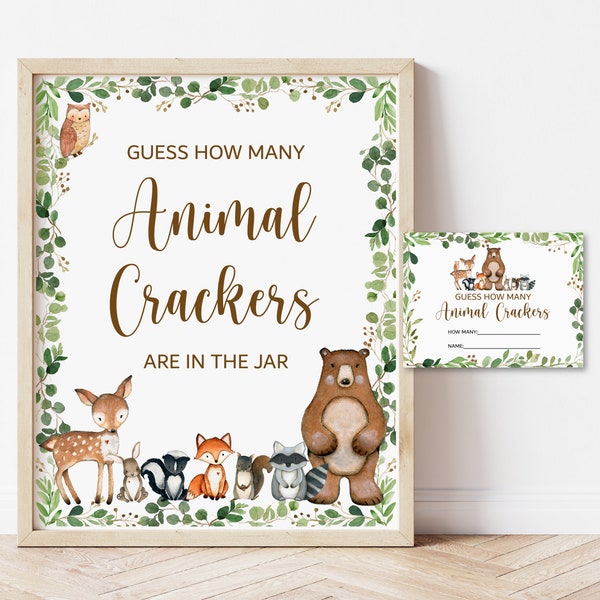 Guess How Many Animal Crackers Game Woodland Baby Shower Game Greenery Woodland Animals Baby Shower Game Printable NOT Editable 0120