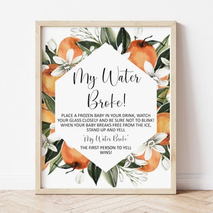 My Water Broke Game Sign Citrus Baby Shower Little Cutie Baby Shower Game Orange Baby Shower Game Printable NOT Editable 0125