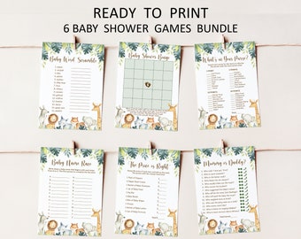 Safari Baby Shower Games Bundle, Jungle Animals Wild One Baby Shower Game Printable, 0129