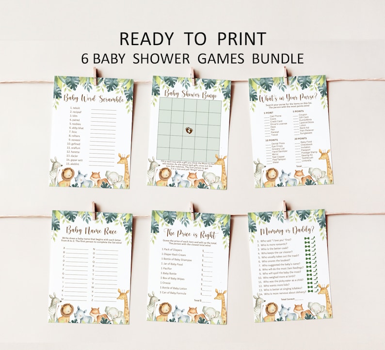 Puede incluir: Seis tarjetas de juego de baby shower imprimibles con tem&aacute;tica de jungla con hojas verdes, ilustraciones de animales y texto marr&oacute;n. Los juegos incluyen Baby Word Scramble, Baby Shower Bingo, What's in Your Purse?, Baby Name Race, The Price is Right y Mam&aacute; o Pap&aacute;?