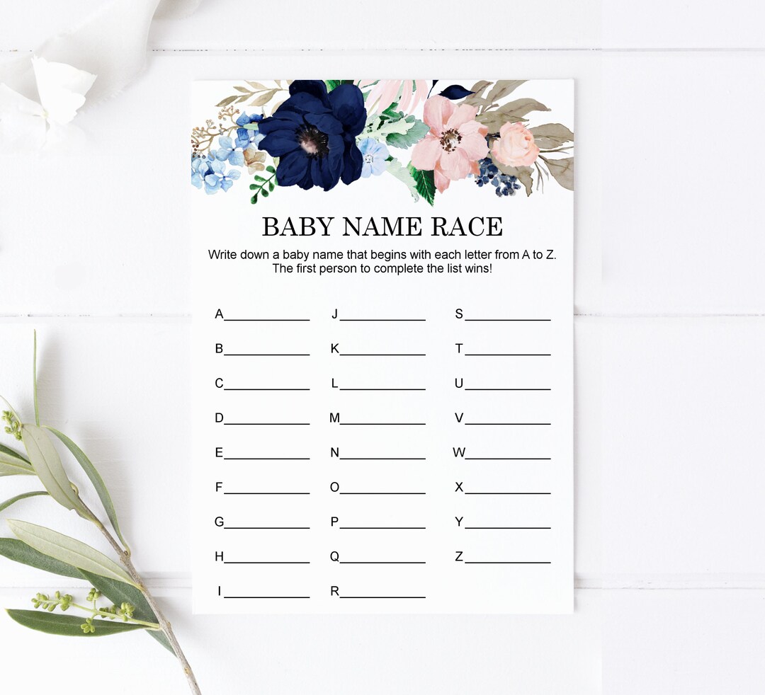 Baby Shower Name Race Game AZ Baby Names Game ABC Baby Names Navy Blue