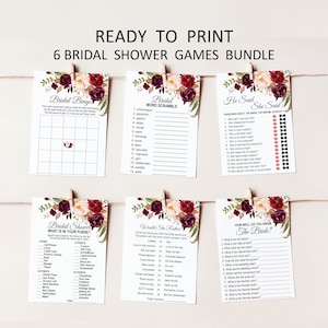 K&ouml;nnte beinhalten: Sechs druckbare Brautduschen-Spielkarten mit einem floralen Design in den Farben Burgunderrot, Rosa und Gr&uuml;n. Die Spiele beinhalten Bridal Bingo, Bridal Word Scramble, Er sagte Sie sagte, Bridal Shower What's in Your Purse, Would She Rather und How Well Do You Know the Bride?