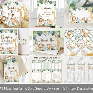May include: A set of printable baby shower decorations featuring a jungle theme with watercolour illustrations of animals such as giraffes, zebras, lions, and elephants. The set includes a welcome sign, thank you cards, diaper raffle sign, cupcake toppers, water bottle labels, and game cards.