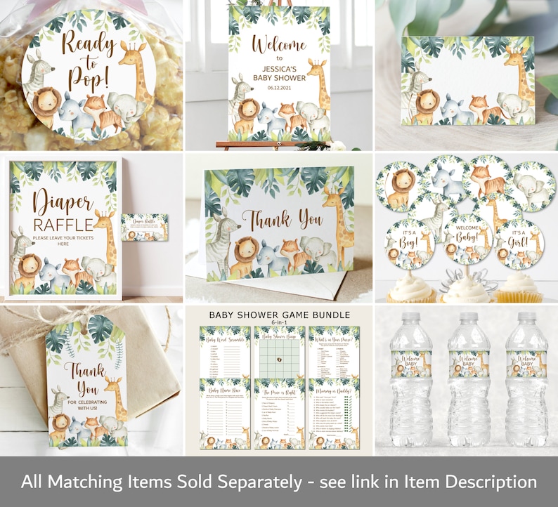 May include: A set of printable baby shower decorations featuring a jungle theme with watercolour illustrations of animals such as giraffes, zebras, lions, and elephants. The set includes a welcome sign, thank you cards, diaper raffle sign, cupcake toppers, water bottle labels, and game cards.