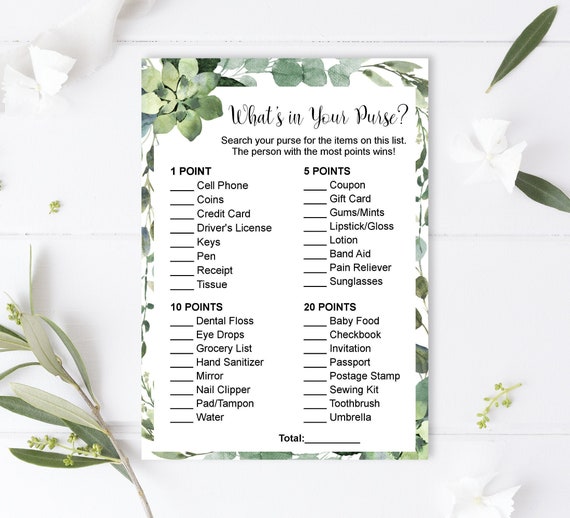 What's in Your Purse Greenery Baby Shower Game Succulent Baby Shower Game Printable Green Eucalyptus NOT Editable C91 Il_570xn