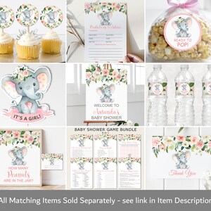 K&ouml;nnte beinhalten: Eine Sammlung von Babyparty-Dekorationen mit einem Aquarell-Elefanten-Design. Artikel umfassen Cupcake-Topper, eine Vorhersage- und Ratschlagskarte, eine Popcorn-T&uuml;te, ein Schild mit der Aufschrift "It's a Girl!", ein Willkommensschild und Wasserflaschenetiketten.