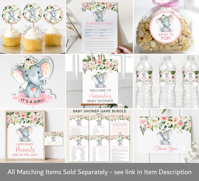 K&ouml;nnte beinhalten: Eine Sammlung von Babyparty-Dekorationen mit einem Aquarell-Elefanten-Design. Artikel umfassen Cupcake-Topper, eine Vorhersage- und Ratschlagskarte, eine Popcorn-T&uuml;te, ein Schild mit der Aufschrift "It's a Girl!", ein Willkommensschild und Wasserflaschenetiketten.