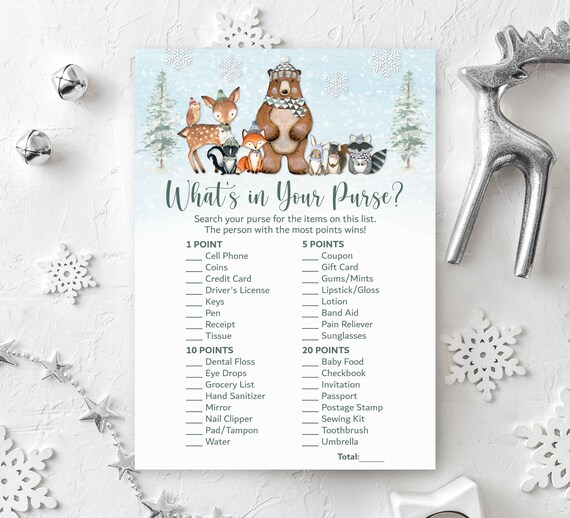 Woodland Baby Shower Whats in Your Purse Game Winter Woodland Animals Forest Animal Baby Shower Game Printable NOT Editable C4 Il_570xn