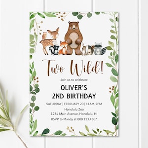 CUSTOM Two Wild Birthday Invitation Woodland Birthday Woodland Animals Birthday Party Invitation Printable 0120