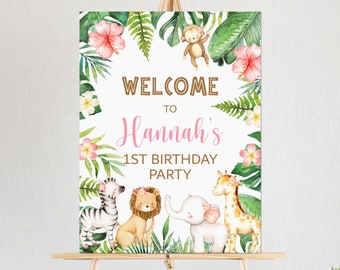 CUSTOM Safari Welcome Sign Jungle Animals Welcome Sign Pink Safari Birthday Jungle Baby Shower Girl Wild One Party Decor Printable A95 C94