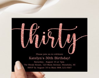 CUSTOM Rose Gold 30th Birthday Invitation Black Pink Birthday Stylish and Modern Birthday Women Birthday Party Invite Printable A6