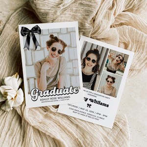 Modèle de carte photo modifiable pour faire-part senior avec noeud noir coquette, invitation à une fête de remise des diplômes, Corjl 0143