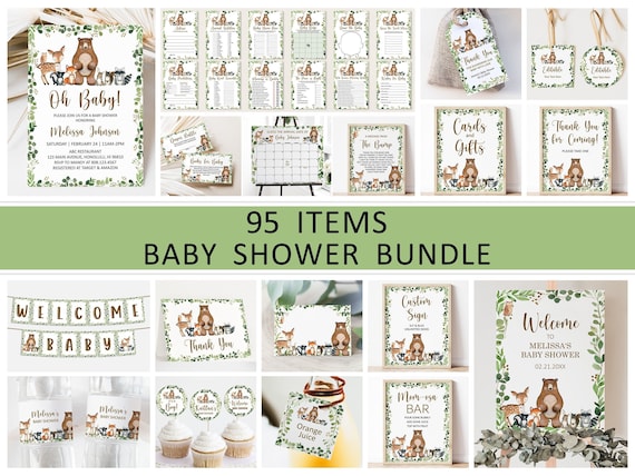 Editable Woodland Baby Shower Bundle – 95 Items – Invitation, Games, Favor Tags, Cupcake Toppers, Welcome Sign & More Corjl Template 0120