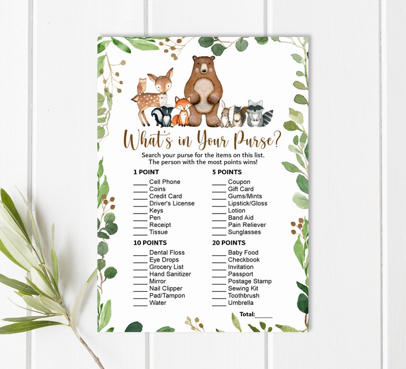 May include: A printable game card with a woodland theme. The card has a brown bear, a fox, a deer, a raccoon, and a squirrel. The text on the card reads "What's in Your Purse?" and lists items to find in a purse with points assigned to each item.