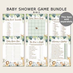 May include: A set of six printable baby shower game cards featuring a jungle theme with green leaves and animal illustrations. The games include Baby Word Scramble, Baby Shower Bingo, What's in My Purse, Baby Name Race, The Price is Right, and Mommy or Daddy? This item is sold separately.