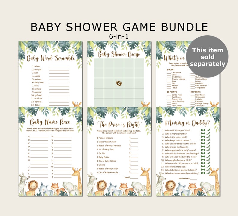 May include: A set of six printable baby shower game cards featuring a jungle theme with green leaves and animal illustrations. The games include Baby Word Scramble, Baby Shower Bingo, What's in My Purse, Baby Name Race, The Price is Right, and Mommy or Daddy? This item is sold separately.
