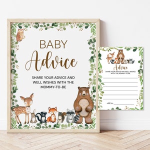 Consejos de baby shower del bosque para que mamá sea tarjeta Greenery Woodland Animals Tarjetas de consejos y signos de animales del bosque imprimibles NO editables 0120