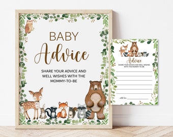 Woodland Baby Shower Advice for Mommy To Be Card Greenery Woodland Animals Advice Cards and Sign Forest Animals Printable NOT Editable 0120