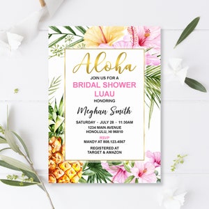 Luau Bridal Shower Invitation Hawaiian Bridal Shower Tropical Floral Hibiscus Pineapple Custom Printable Invite Digital File B74 image 1