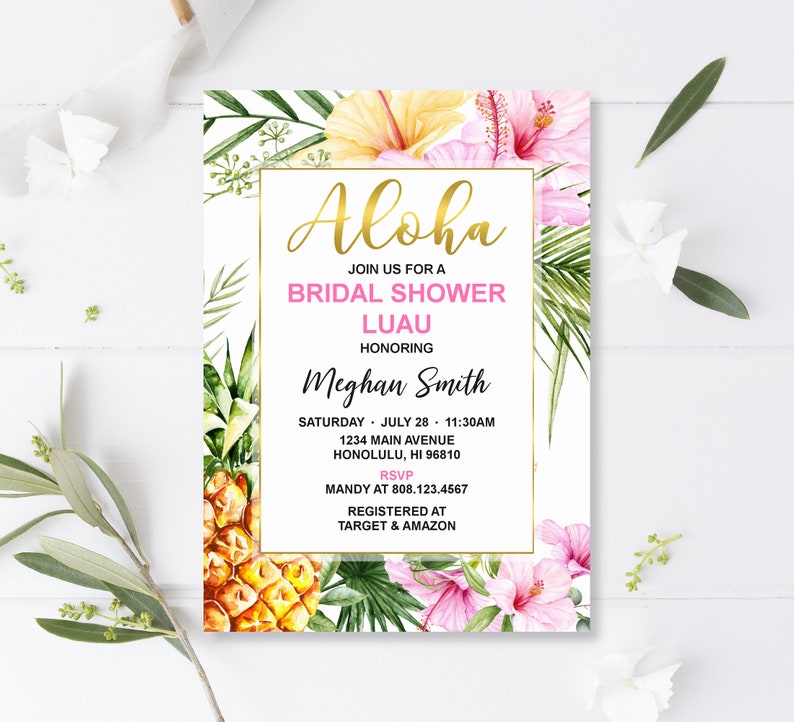 Luau Bridal Shower Invitation Hawaiian Bridal Shower Tropical Floral Hibiscus Pineapple Custom Printable Invite Digital File B74 image 1