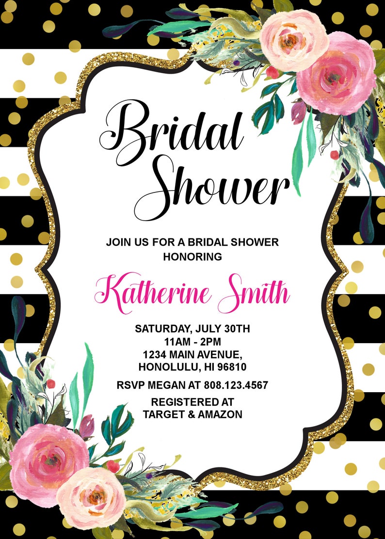 Floral Bridal Shower Invitation Black White & Gold Pink Floral Etsy