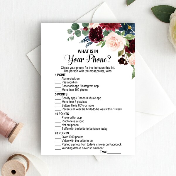 What's in Your Phone Game Burgundy Bridal Shower Game Whats On Your Phone Game Printable Fall Winter Bridal Shower NOT Editable B81