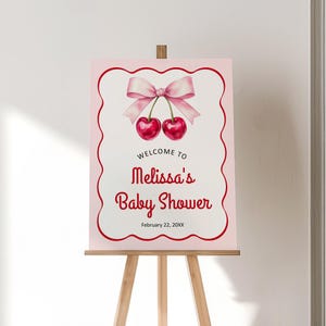 Editable Cherry Baby Shower Welcome Sign Cherry On Top Baby Shower Pink Bow Coquette Baby Shower Welcome Poster Template Corjl 0144