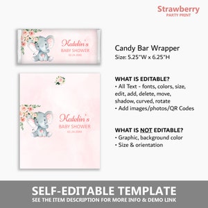 May include: Printable candy bar wrapper template featuring a pink background with a cute grey elephant illustration and floral accents. The text "Katelin's Baby Shower" and the date "02.24.20XX" are included. The wrapper measures 13.3 cm wide by 15.9 cm high.