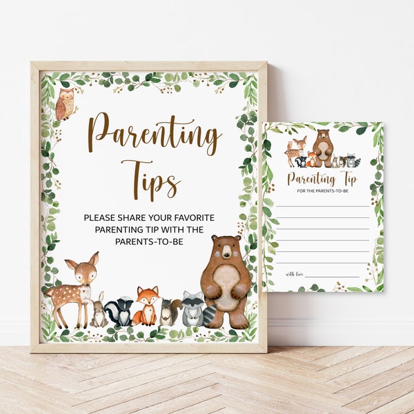 Woodland Baby Shower Parenting Tip Card and Sign Advice Card For Parents Woodland Animals Forest Baby Shower Printable NOT Editable 0120