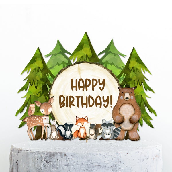 PRINTABLE Woodland Cake Topper Wild One Birthday Happy Birthday Topper Woodland Centerpiece Forest Animals Party Decor NOT Editable 0120