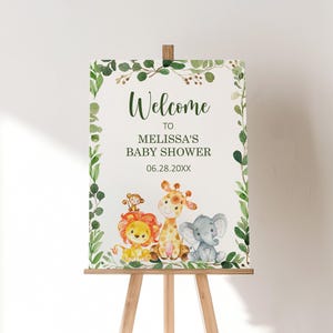 Bearbeitbares Jungle Baby Shower Willkommensschild Vorlage - Gender Neutral Safari Tiere Thema Willkommen Poster zum Ausdrucken Corjl 0128