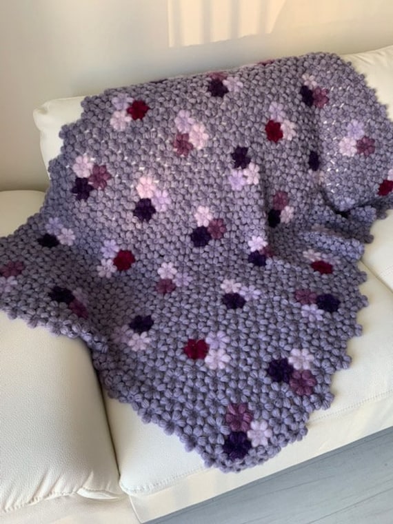 Crochet Blanket Purple Lilac Pink Multi Coloured Afghan Throw Hand Made Cricheted