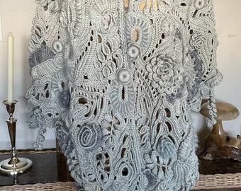 Handmade Crochet Shawl, Irish Crochet Wrap, Ladies Crochet Shawl, Lace Wrap, Handmade Crochet Shawl, Grey Wrap, Flower Shawl