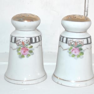 Vintage Porcelain Salt and Pepper Shakers Set for Farmhouse Kitchen Decor with Floral Design and Antique Gold Trim