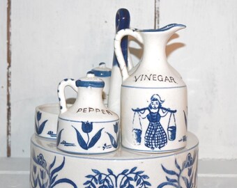 Vintage Fred Roberts Co. Delft Blue Spice Cruet Set, Dutch Motif Vinegar & Oil Bottles, Ceramic Condiment Set with Tray, Mid-Century