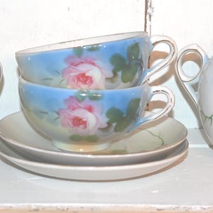 Antique Porcelain Tea Set with Hand-Painted Roses, Vintage Teapot Creamer Sugar Bowl Cups and Saucers, Victorian Tea Party Collectible