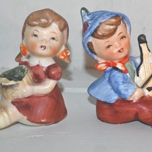 Vintage Ceramic Boy and Girl Figurines, Hand-Painted Sitting Children with Musical Instrument and Basket, Collectible Mid-Century Decor