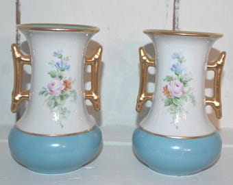 Antique French Porcelain Vases, Hand-Painted Floral Design with Gold Handles, Vintage Sevres Style Bud Vase Pair, Collectible Home Decor