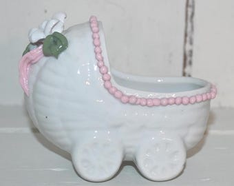 Vintage Porcelain Baby Carriage Planter, White Ceramic Stroller with Pink Trim, Nursery Decor, Baby Shower Centerpiece, Gift for New Parents