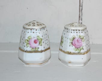 Antique Porcelain Salt and Pepper Shakers, Hand-Painted Pink Rose Design with Gold Accents, Vintage Collectible Kitchen Tableware