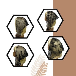 May include: A collection of four black lace head coverings displayed on mannequin heads. Each triangular scarf features distinct floral and vine embroidery patterns with scalloped edges, showcasing various intricate lace designs in black thread.