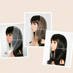 May include: Three images of a woman wearing a sheer scarf over her hair. The scarf is shown in three different colors: white, beige, and black.