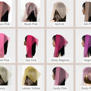 May include: A set of 12 sheer fabric head scarves in various shades of pink, yellow, and ivory. The scarves are displayed on mannequin heads, showcasing the different colors and styles.