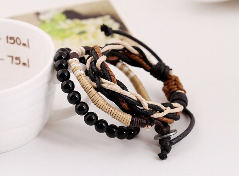 Men/'s Beaded and Braided Rope Bracelet Men Rope Bracelet Set Juego de Pulseras Brazalete para Hombre Black Beads Braided Rope Bracelet