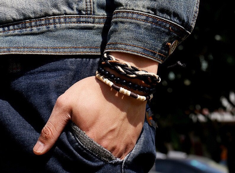 Men/'s Beaded and Braided Rope Bracelet Men Rope Bracelet Set Juego de Pulseras Brazalete para Hombre Black Beads Braided Rope Bracelet
