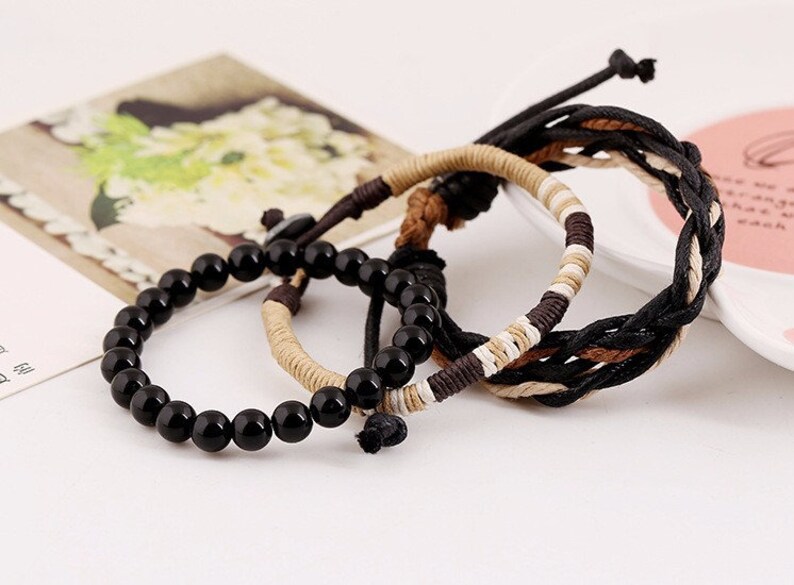 Men/'s Beaded and Braided Rope Bracelet Men Rope Bracelet Set Juego de Pulseras Brazalete para Hombre Black Beads Braided Rope Bracelet