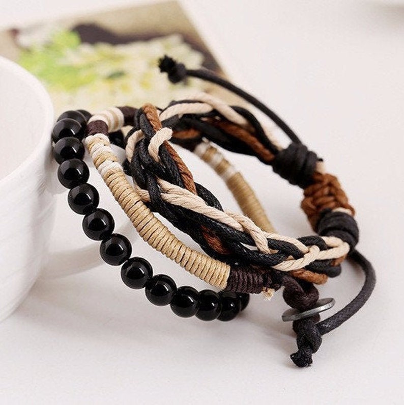 Men/'s Beaded and Braided Rope Bracelet Men Rope Bracelet Set Juego de Pulseras Brazalete para Hombre Black Beads Braided Rope Bracelet