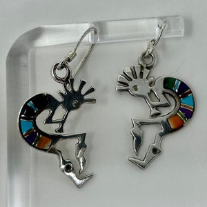 Indianska örhängen i sterlingsilver med dropp och sten, folkkonst, dansare, musiker, Kokopelli-steninlägg