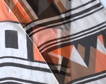 vintage zijde-polyestermix crêpe rechthoek sjaal wikkelhaar 60's modern geometrisch oranje bruin zwart wit