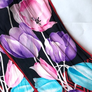 vintage Oscar De La Renta silk tulip floral scarf flowers rectangle hair neck black red blue purple